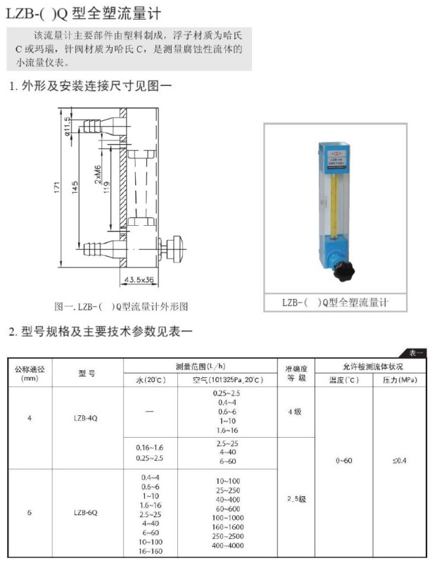 常州双环牌LZB-4Q LZB-6Q全塑流量计,塑料材质,哈氏C针阀流量计